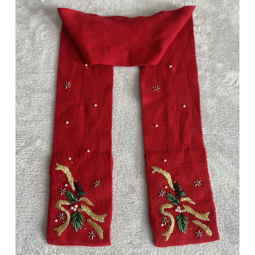 Vtg Victoria Jones Red Christmas Sweater M Beaded Embroidered Festive Scarf - Picture 12 of 14